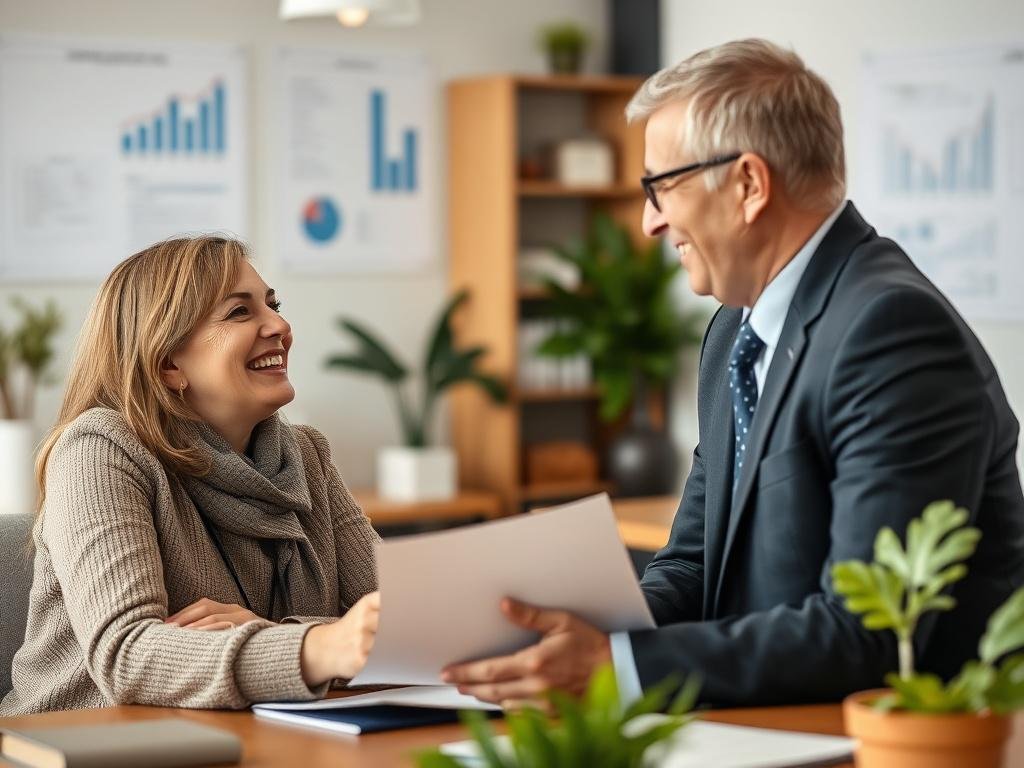 A close up shot of a smiling person discussing loan